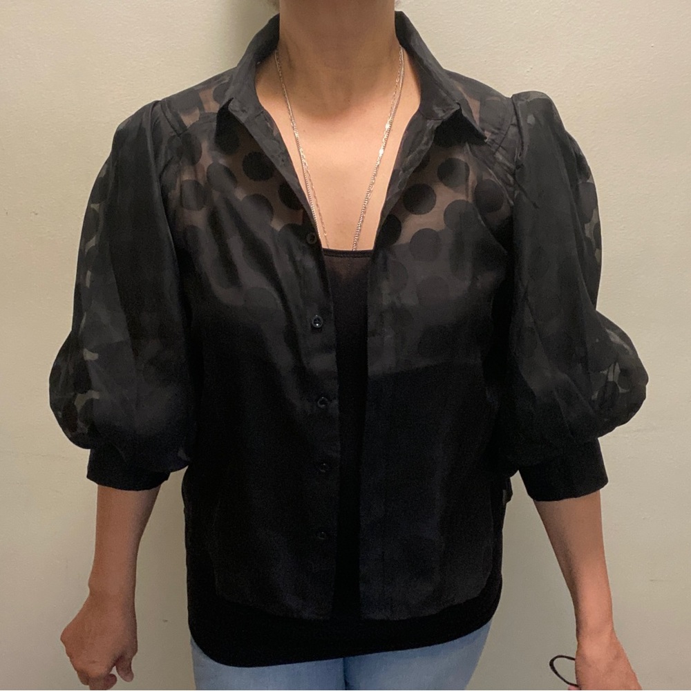 Gracia Sheer Polka Dot Puff Sleeve Top. Size Jr Lg